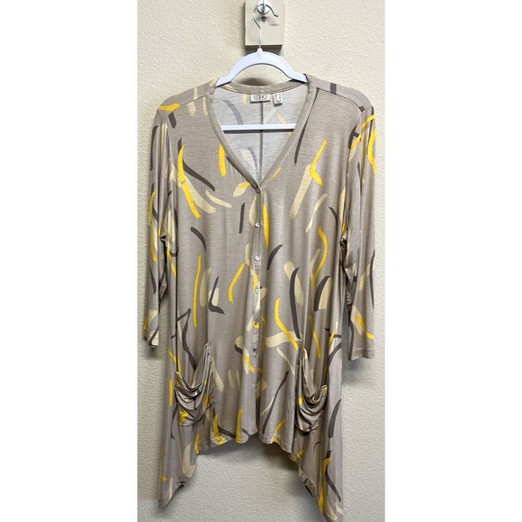 LOGO by Lori Goldstein Button Front Cardigan Pockets Size L Taupe 80's Graphic - Picture 1 of 12
